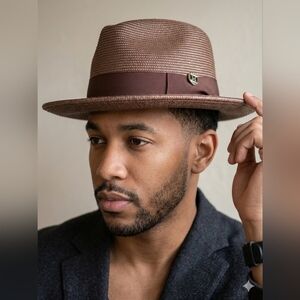 Montique H-42 Mens Straw Fedora Hat Brown